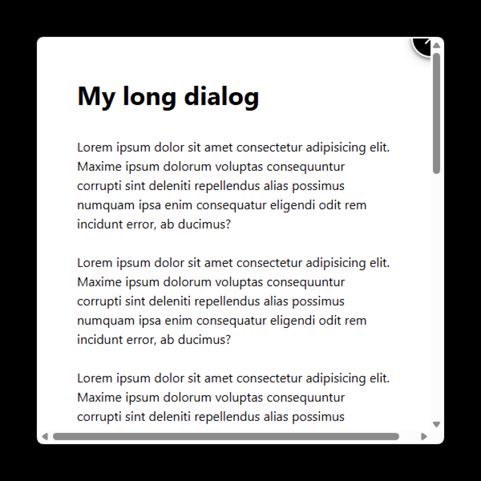 An open dialog element with a partially-visible round button in its top-right corner.